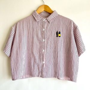 🌹2 for $20🌹 Stripped and Cropped Short Sleeve Cotton Shirt, Light Pink. Size S